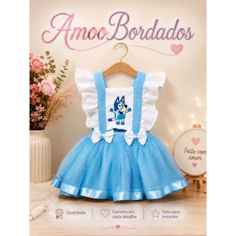 romper da Bluey, jardineira da Bluey,vestido da Bluey,Bluey e bingo,blue,romper da blue