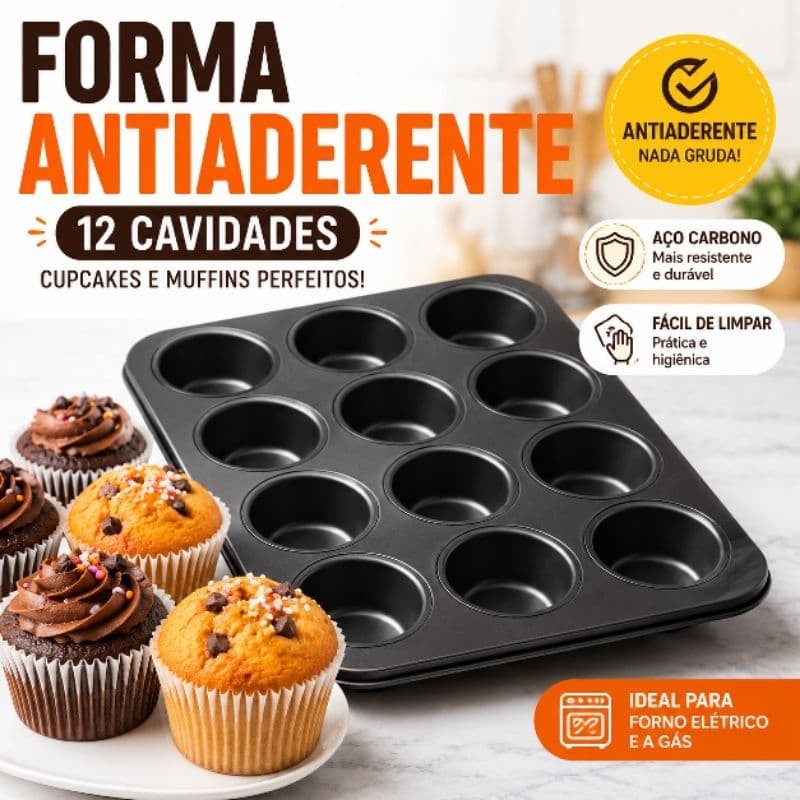 Forma Cupcake Muffin 12 Cavidades Antiaderente Aço Carbono Para Forno
