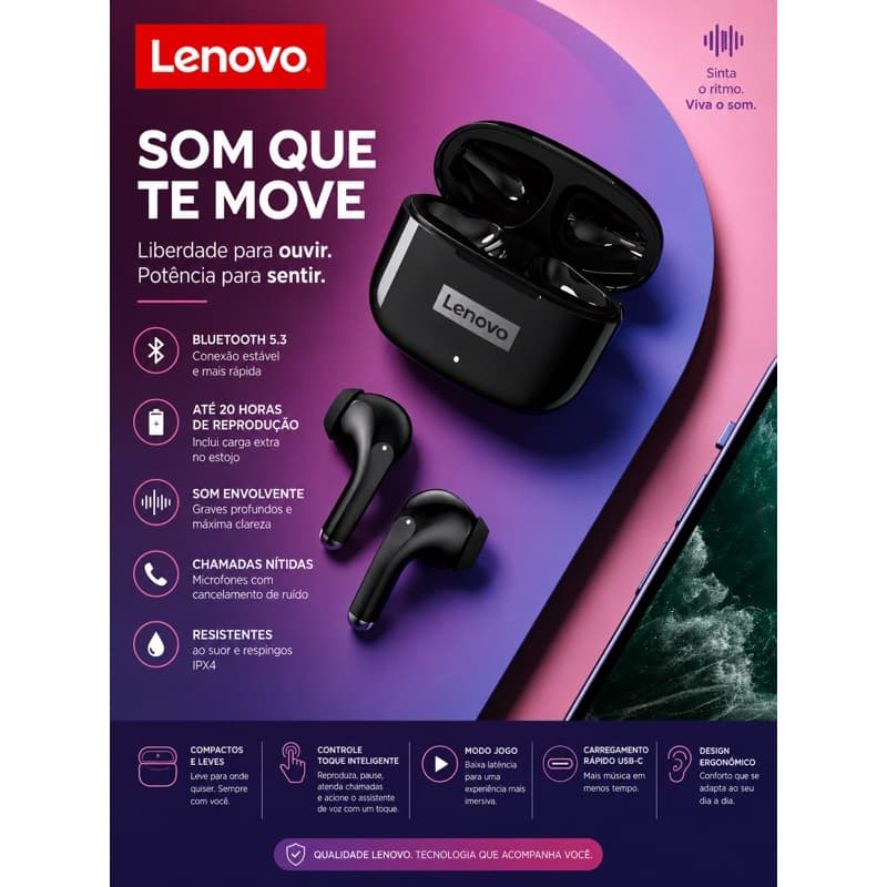 Fone Bluetooth Lenovo Gamer Baixa Latência | Som HD, Bluetooth 5.3