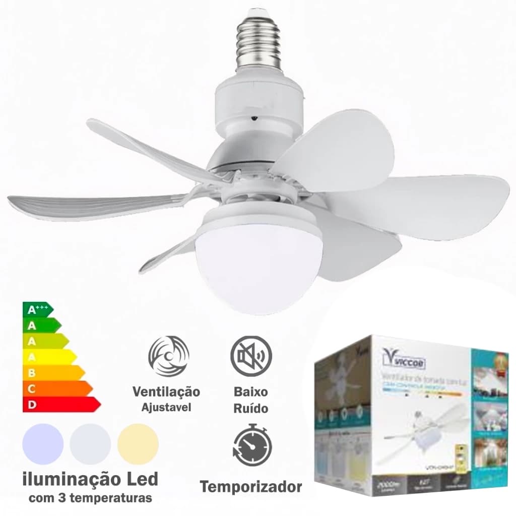Ventilador Teto Com Luz 100W Integrada Silencioso Branco 5 Pás Com Controle Remoto E27