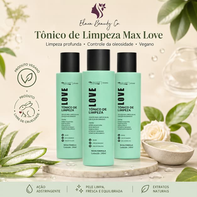 Tônico de Limpeza Facial Max Love 290ml Vegano Ação Adstringente Controle Oleosidade Poros