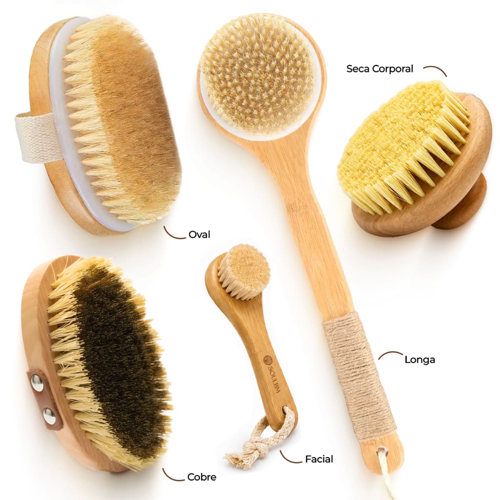 Escova Seca Corporal Facial Oval Cobre Cabo Longo Cerdas Naturais