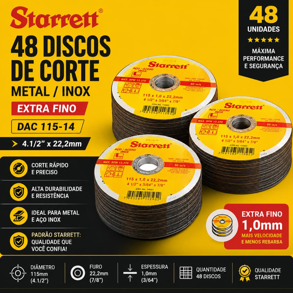 48 Discos De Corte Starrett Metal Inox 4.1/2x22,2mm Cor Amarelo Extra Fino Dac 115-14