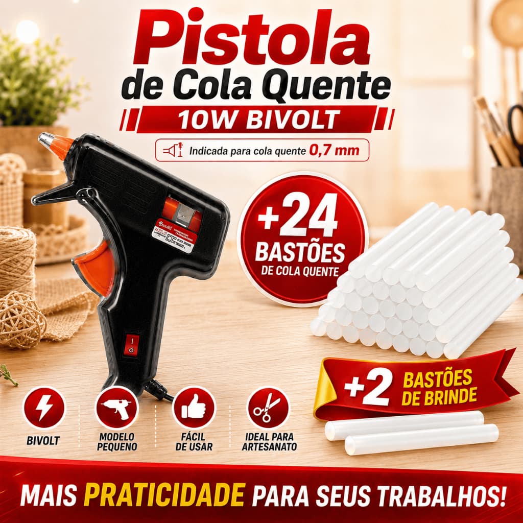 Pistola Cola Quente 10W Bivolt Com 26 Bastões 0,7mm