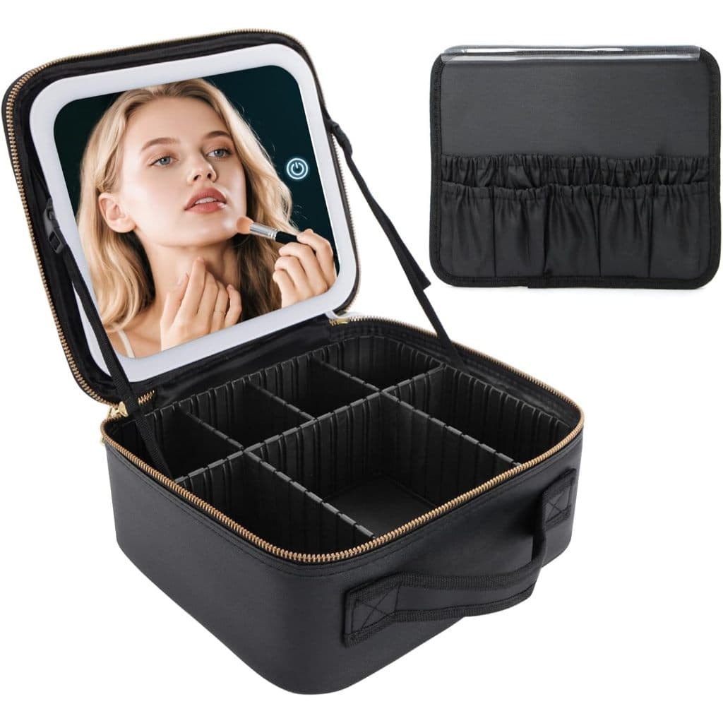 Kit Mala de Maquiagem com Espelho LED - Portátil para Viagens, Recarregável, Compacto e Resistente