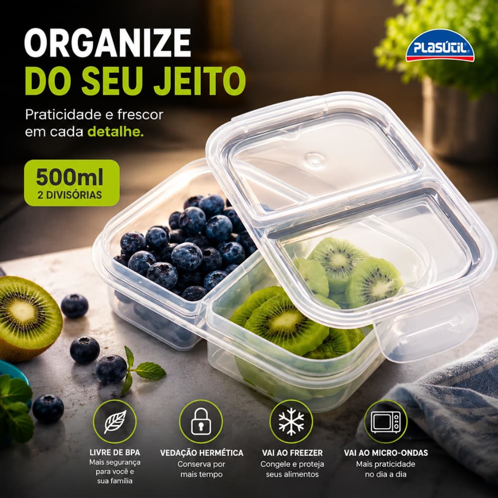 Potes 2 Divisórias Herméticas 500 ml Marmitas Organizador Geladeira Com Trava Plástico Plasútil