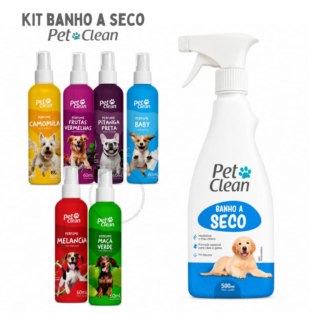 Kit Banho A Seco Spray Sem Enxágue 500ml Perfume Colônia Pet Shop 60ml Pet Clean