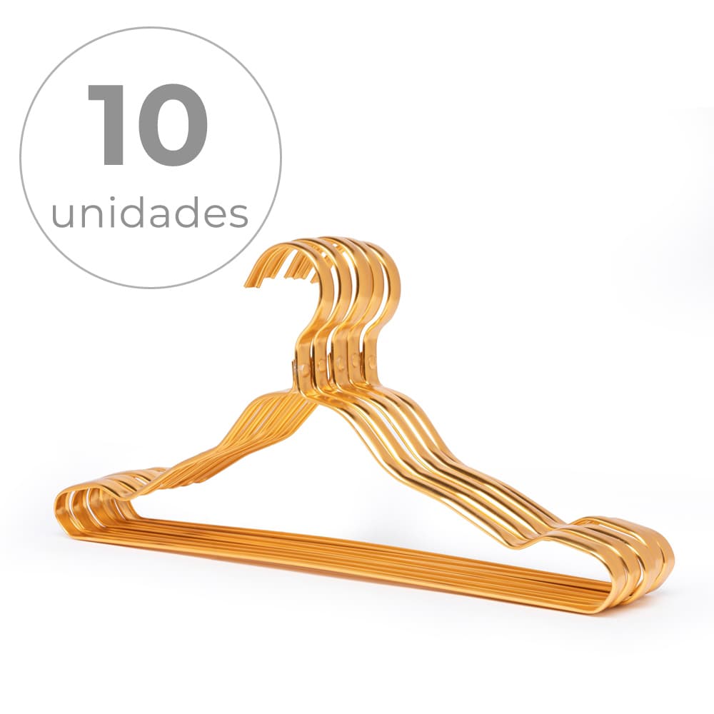 Kit 10 Cabides Ambito Dlux Aço Cromado Dourado Premium Closet Alargado e Engrossado Cabide Adulto Para Roupas