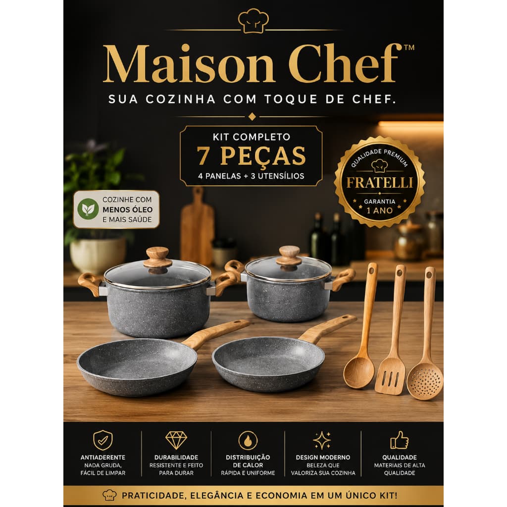 Kit 4 Panelas Antiaderentes com 3 Utensílios Maison Chef Alumínio Cozinha Completa Moderna