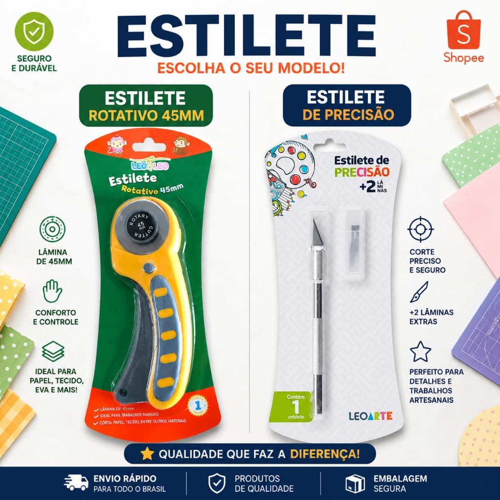 Estilete Rotativo 45mm ou Estilete de Precisão Artesanato Papel EVA Tecido