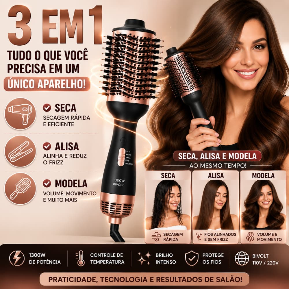 Escova Secadora Profissional 1300W Bivolt Modeladora Alisadora Cabelo Volume Brilho Anti Frizz