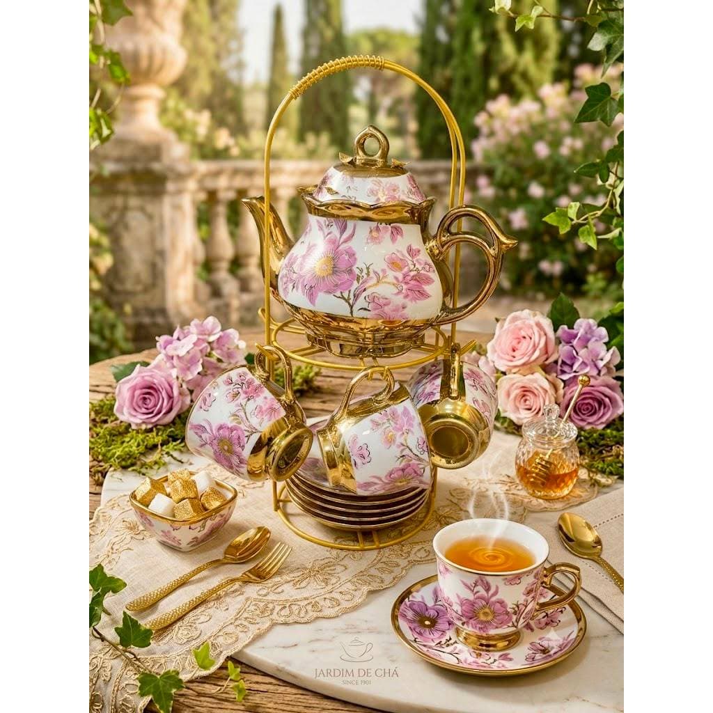 Jogo de Café com Bule e Suporte 6 Xícaras 90ml + 6 Pires | Conjunto Completo Servir Café | Presente Elegante