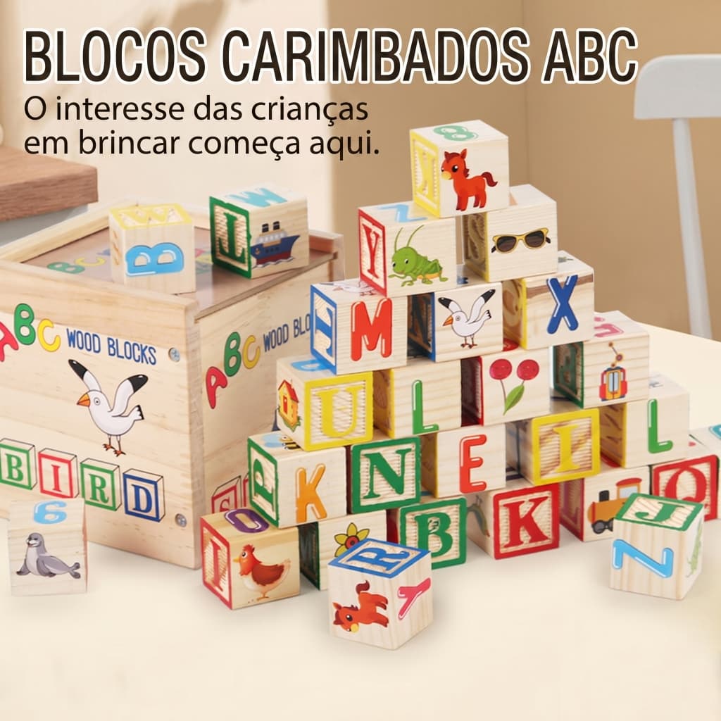Blocos de Madeira ABC Montessori Letras Números Imagens Brinquedo Educativo Infantil Alfabetização