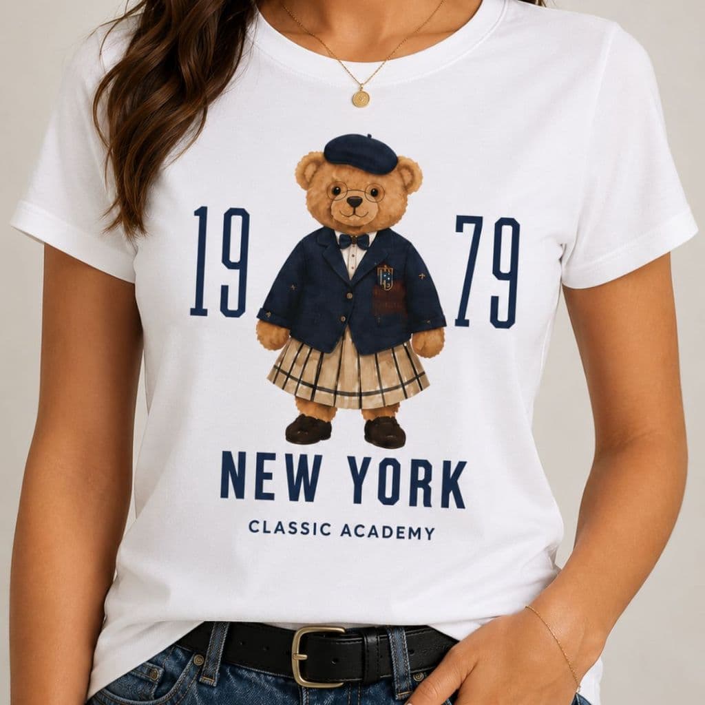 Camiseta Feminina Estilo Vintage com Estampa Urso De Algodão Oversized Gola Redonda Estilosa