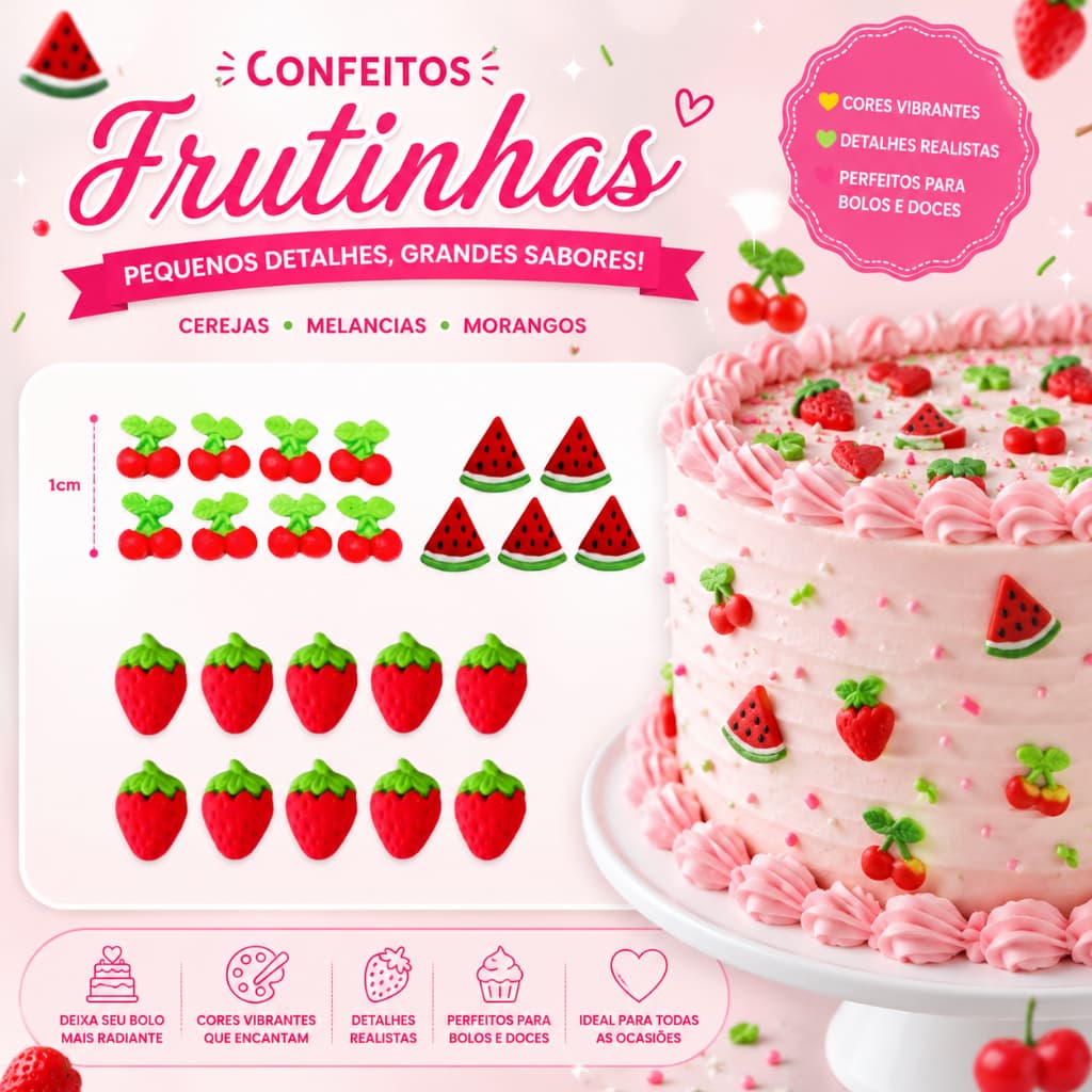 Confeitos de Açúcar 100% comestíveis Frutas Maça Uva Banana Morango Sprinkles - Diversas Opções Jady