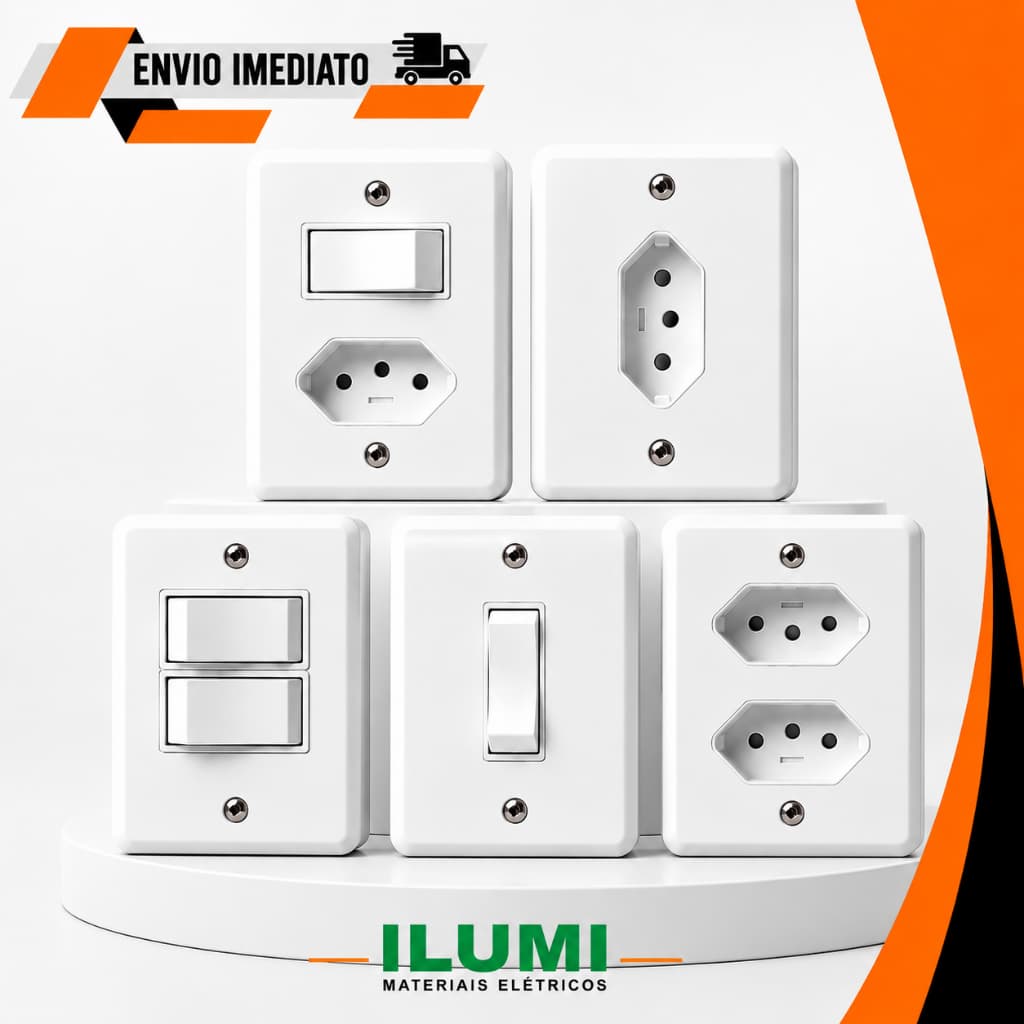 Tomada Interruptor Ilumi Sobrepor 10A 20A 2P+T Simples Dupla Branca Interna Elétrica Parede