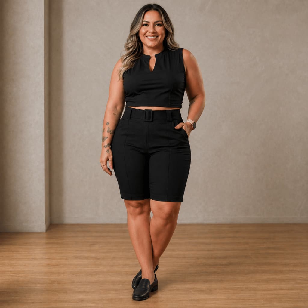 Bermuda Social - Feminina Plus Size Com Cinto Fivela Tecido Bengaline Cintura Alta Alfaiataria 42 ao 52