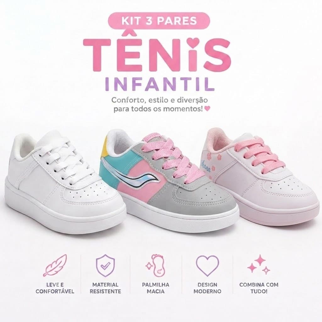 Kit 3 Pares Tênis Infantil Feminino Design Moderno Leve E Resistente Para O Dia A Dia