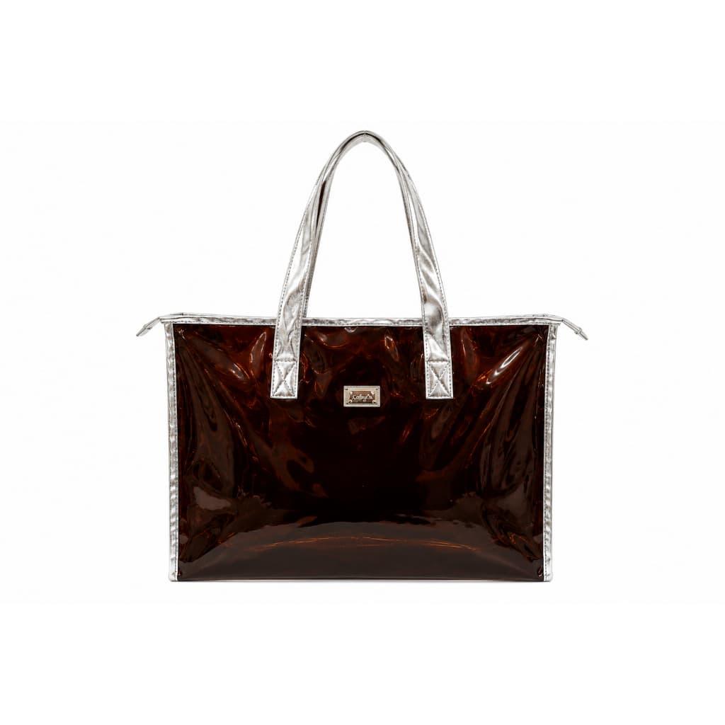 Bolsa Feminina Transparente Marrom em PVC com Zíper e Alças Metalizadas 41x30x17cm