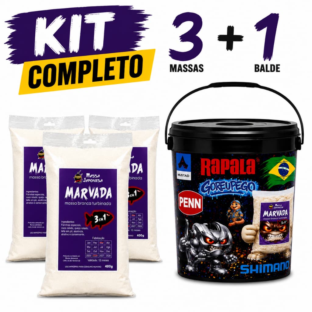 Kit Balde De Pesca 20L + 3 Massa Japonesa Marvada Branca 400g