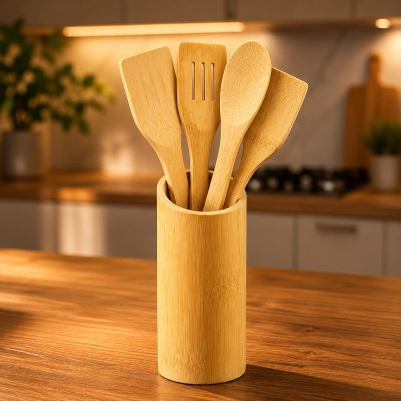 Kit Utensílios De Cozinha Em Madeira 5 Peças Com Suporte Organizador Gourmet