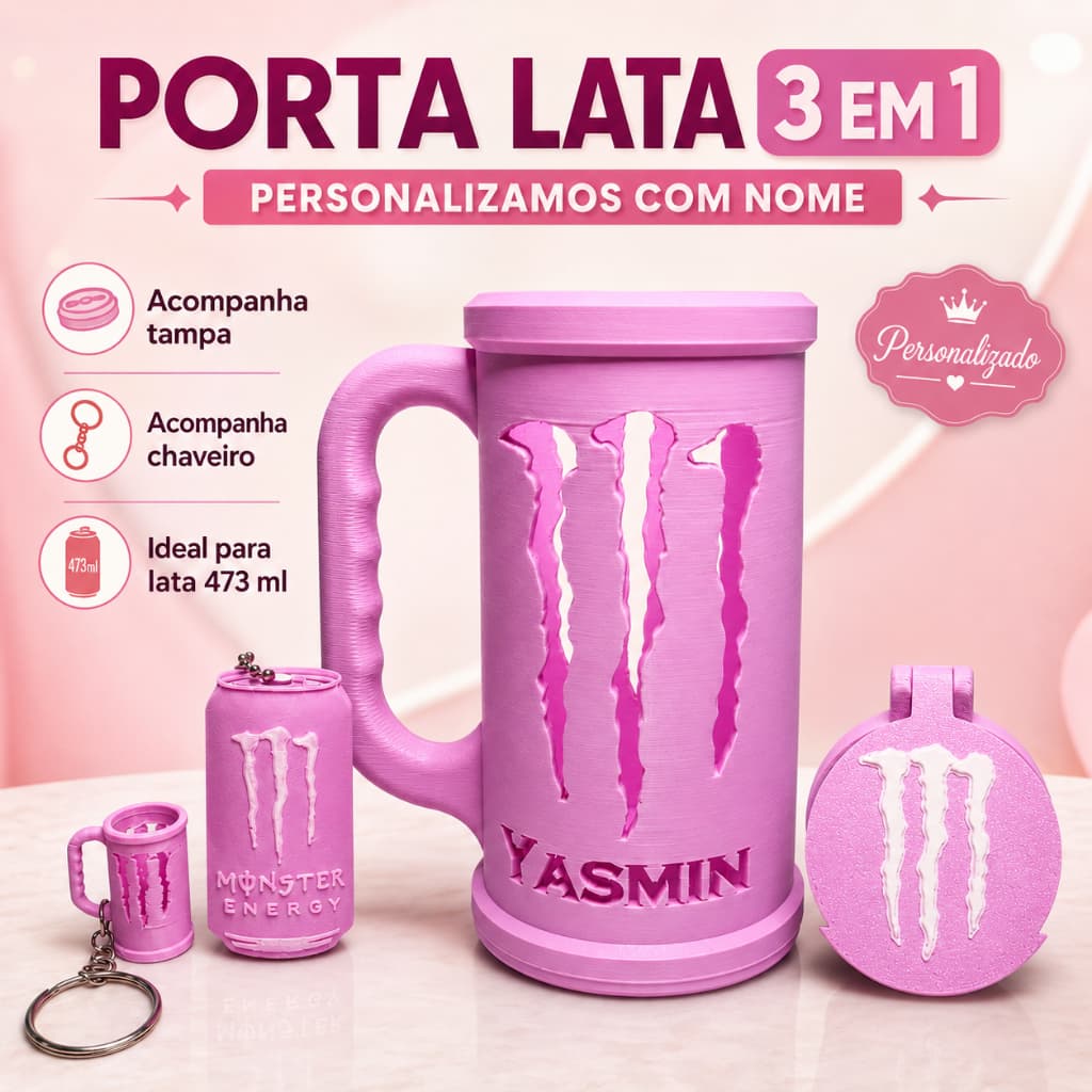 Caneca Porta Lata Monster 3 em 1 Abridor + Chaveiro | Com Nome ou Sem Nome