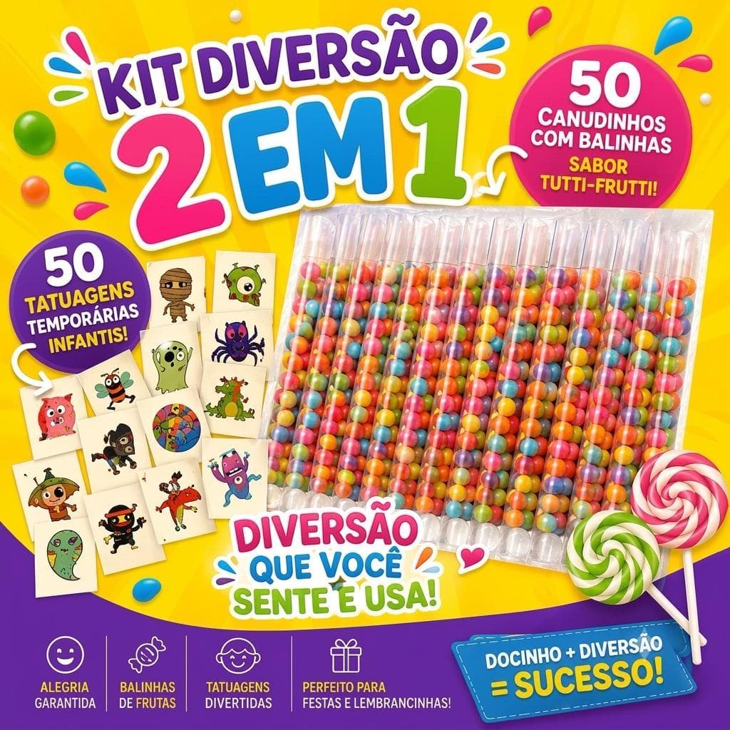 Kit 50 tatuagens temporárias + 48 canudinhos com balinhas de frutas