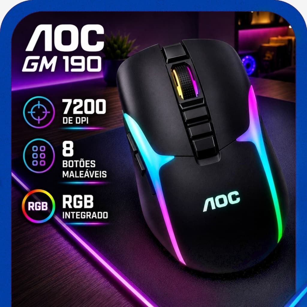 Mouse Gamer AOC RGB Três Botões Laterais Grande Preto Oito Botões Com Fio