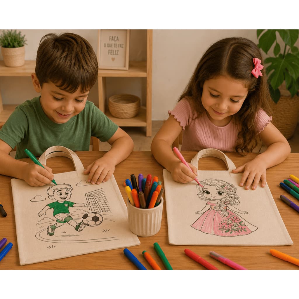🎨 Kit Ecobag para Colorir Infantil 4 canetinhas Várias estampas 🎨