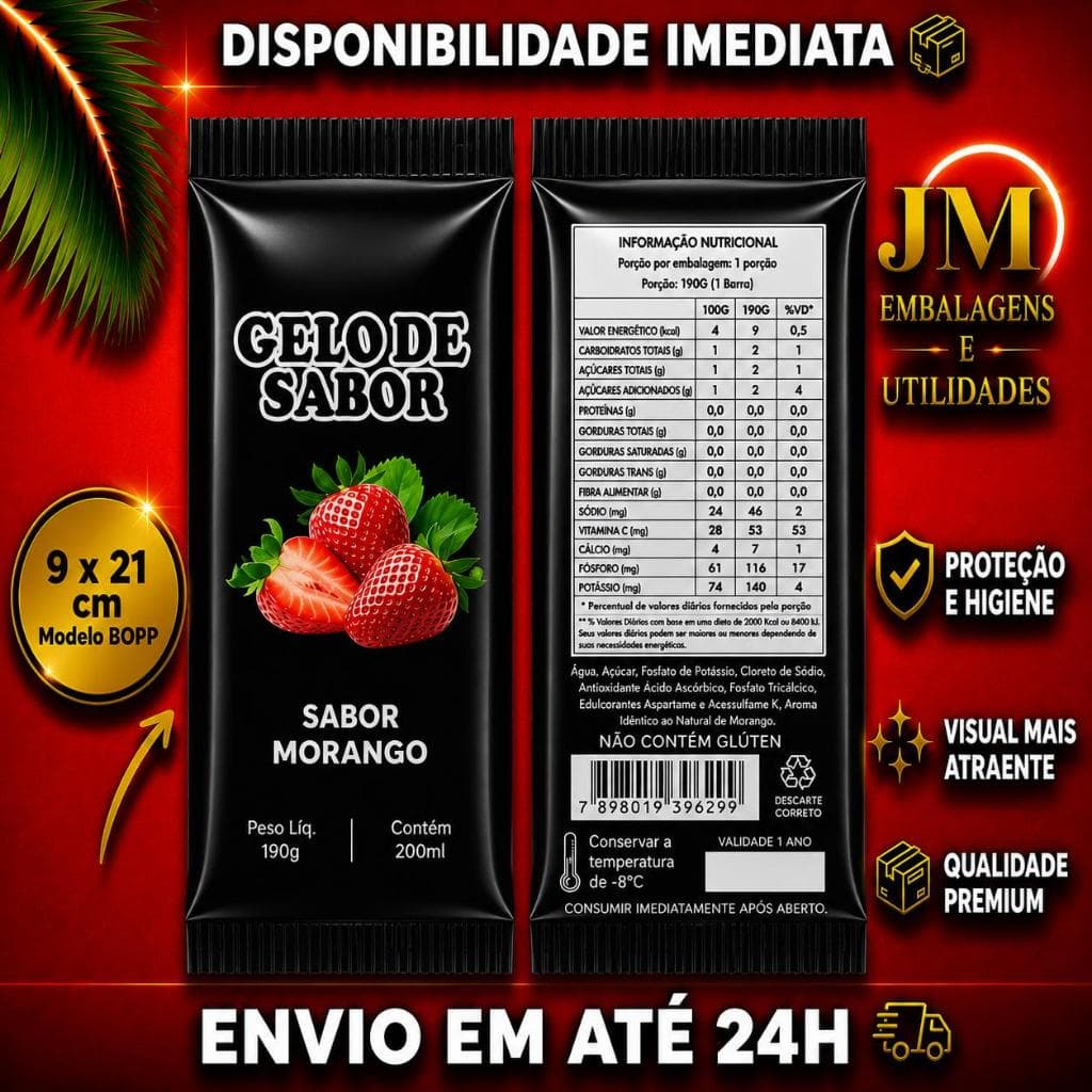 Embalagem para Gelo Saborizado (Sabor Morango) - 250 Embalagens Bopp  9 x 21 Saco Higienico Externo