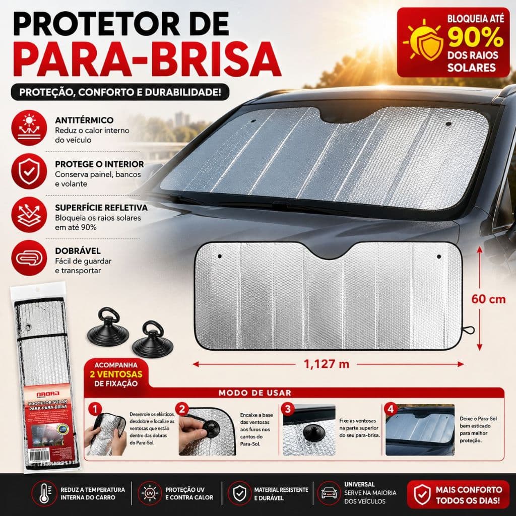 Protetor Solar Para Brisa Automotivo Universal Dobrável Antitérmico Premium Bloqueia 90% Raios UV