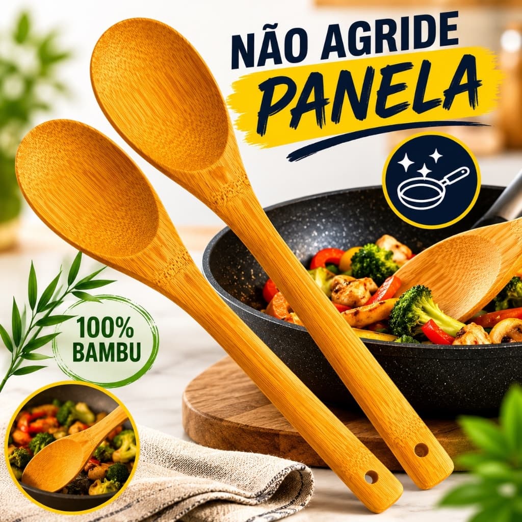 Kit 2 Colher De Pau Bambu Para Cozinhar Madeira Bamboo Media 30cm Para Cozinha