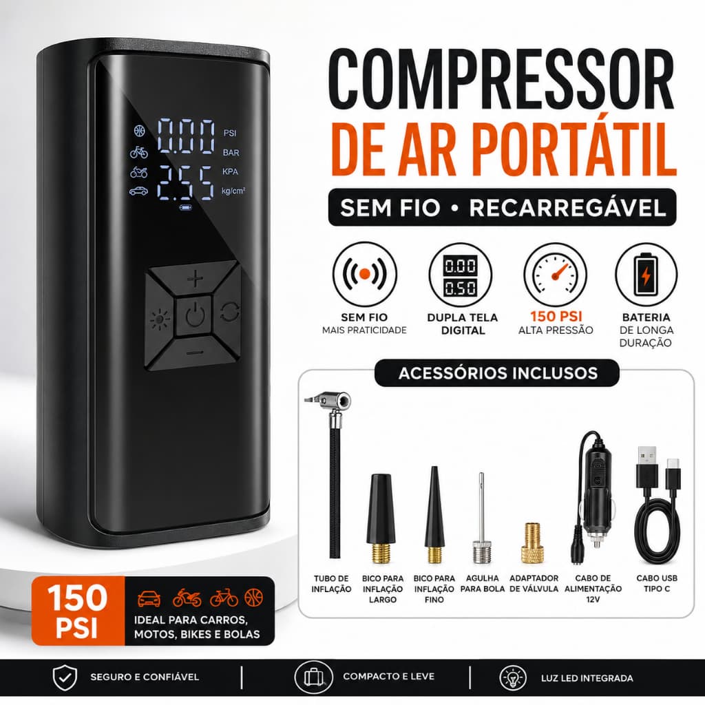 Bomba de Ar Portatil Compressor Inflator Multi-função 3 em 1 PowerBank 6000mAh 150PSI