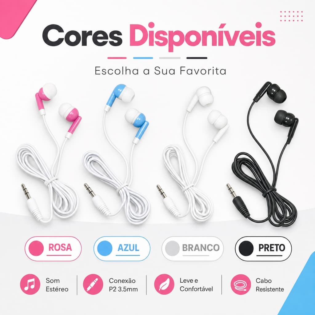 som estéreo, áudio imersivo, design ergonômico, leve confortável, cabo resistente, chamadas nítidas, cores variadas