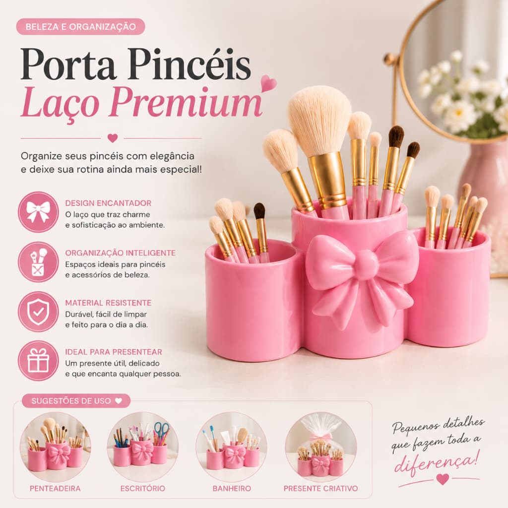 Porta Pincéis Maquiagem Organizador Mesa Porta Canetas Laço Elegante
