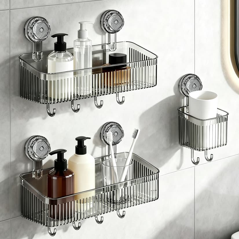 Kit Suporte Organizador de Banheiro com Ventosa Sem Furo Prateleira Transparente Premium