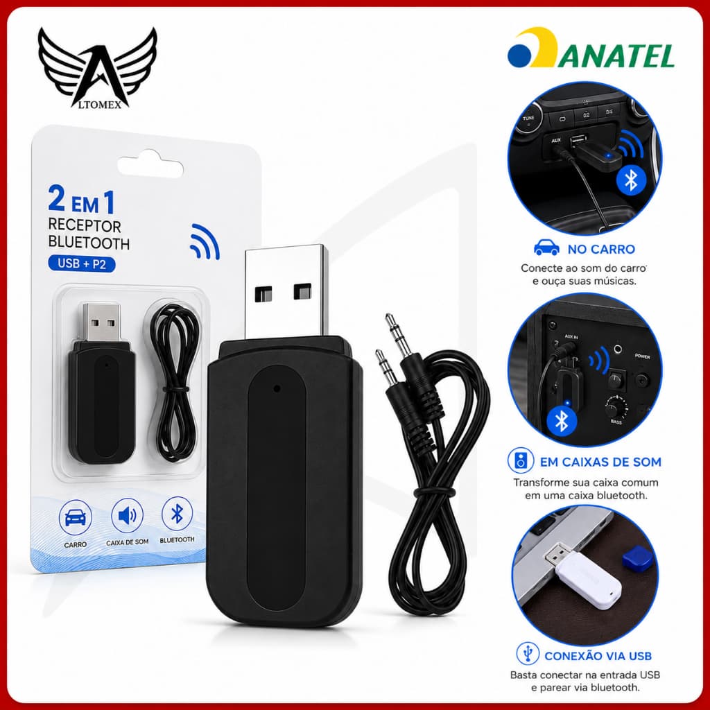 Adaptador Receptor Bluetooth USB P2 Para Carro Caixa De Som Altomex