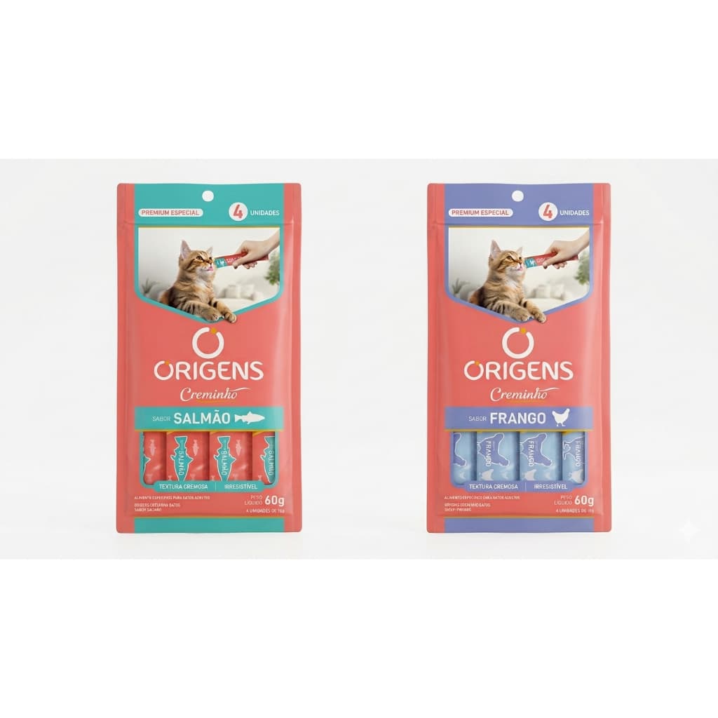 Petisco Cremoso para Gatos Origens Creminho para Gatos Sabor Frango e Salmão