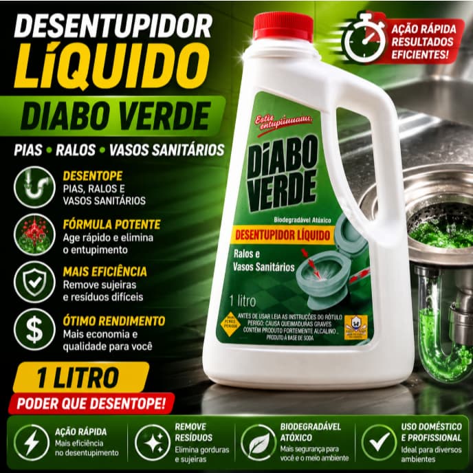 Desentupidor de Pias e Ralos Diabo Verde 1Litro Líquido