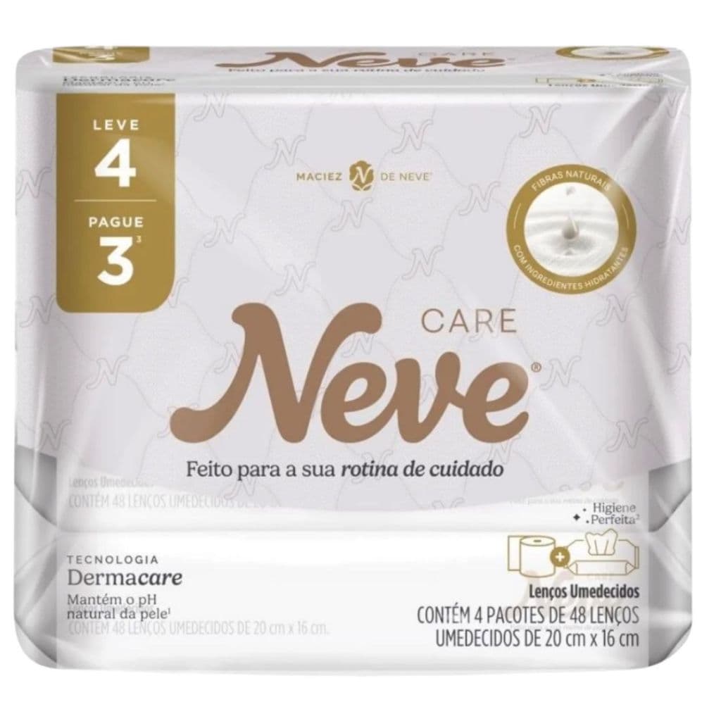 Kit Lenços Umedecidos Neve Care Leve 4 Pague 3 com 4 Pacotes de 48 Unidades Cada Total 192