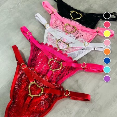 Micro Calcinhas Mini Tanga Fio Dental em Renda Com Biju de Coração - Tatiane - Ju069