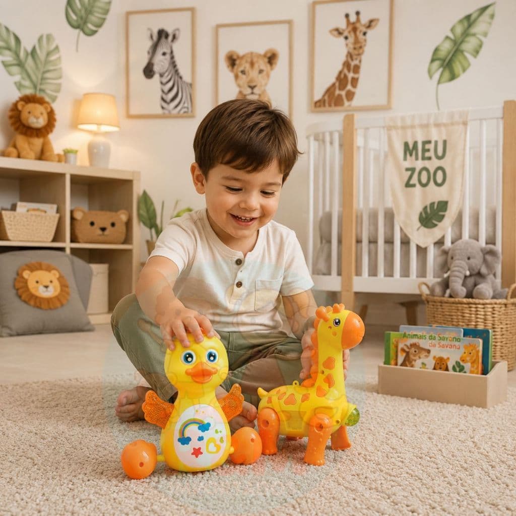 Kit Brinquedo Pato Fujão + Girafa Fujão Dançarino Musical Led Luzes Interativo Sensorial Infantil