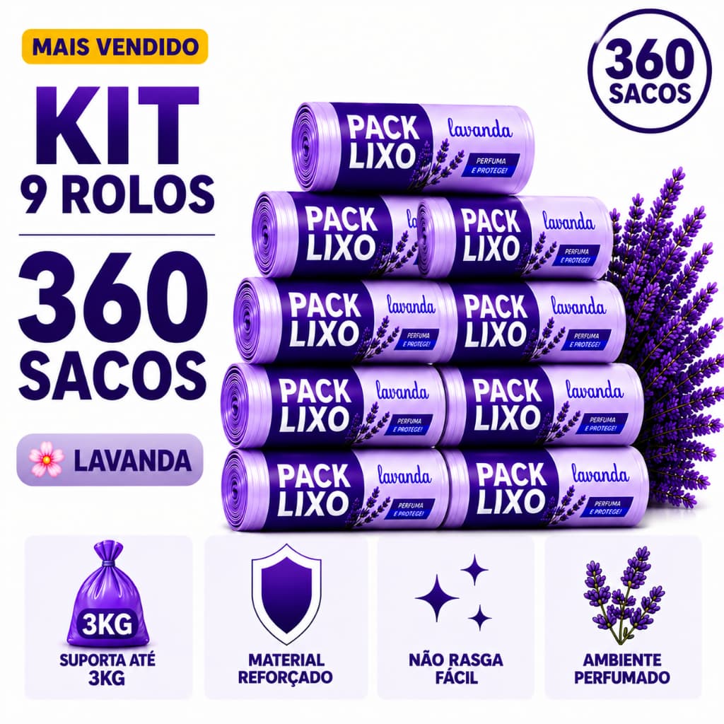 Kit 9 Rolos Sacos Lixo 10L Lavanda 360 Sacos Perfumados Resistentes Cozinha Banheiro Anti Odor
