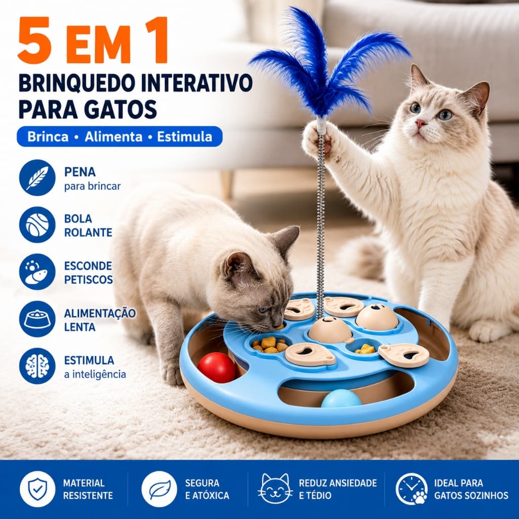 Brinquedo Interativo para Gatos 5 em 1 Com Pena e Bola Rolante Comedouro Lento Inteligente e Dispenser de Petiscos