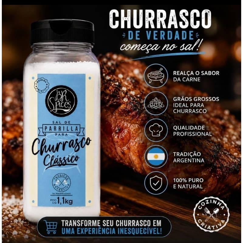 Sal de Parrilla Churrasco Clássico 1,1kg BR Spices Sal Grosso Premium BBQ Tempero para Carnes Grelhados