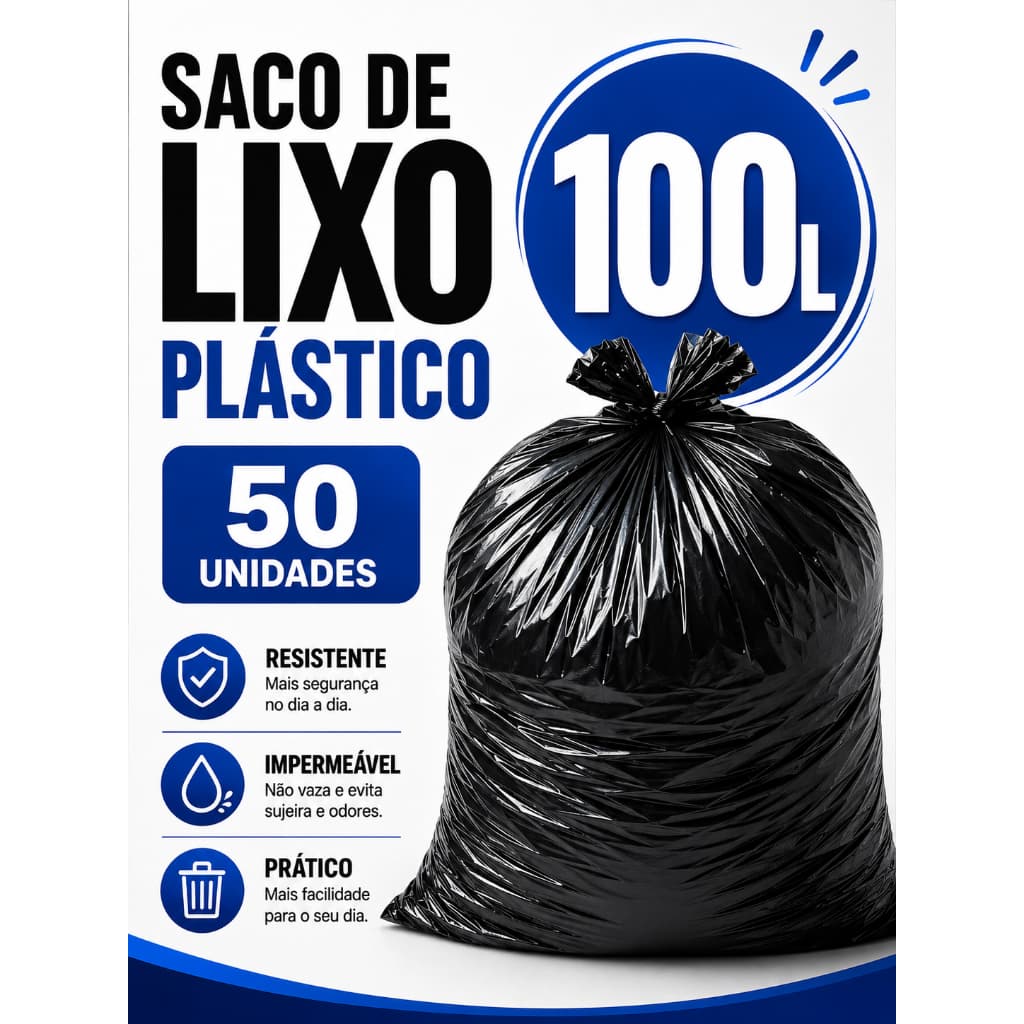 Kit 50 Sacos de Lixo Plástico Preto Resistente 100L Micra 0.8