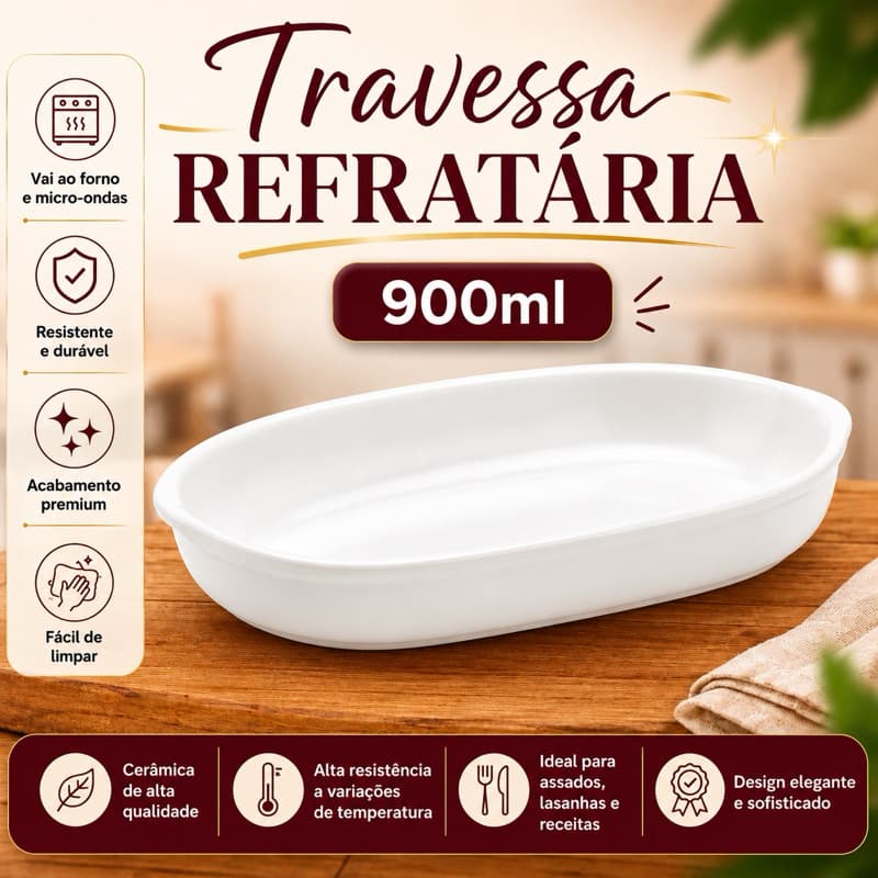 Travessa Refratária Oval Branca 900ml Cerâmica Forno Micro-ondas