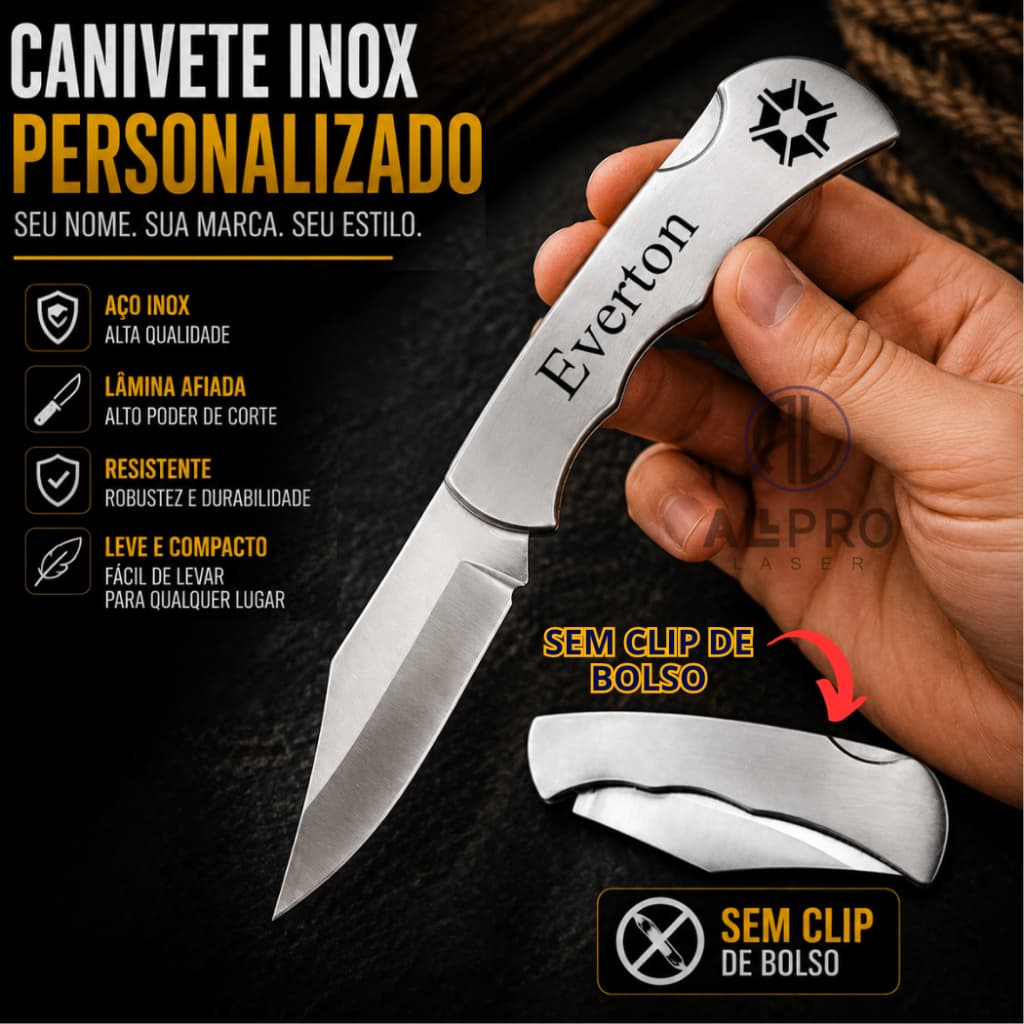 Canivete Inox Sem Presilha Personalizado a Laser Seu Nome Envio Imediato