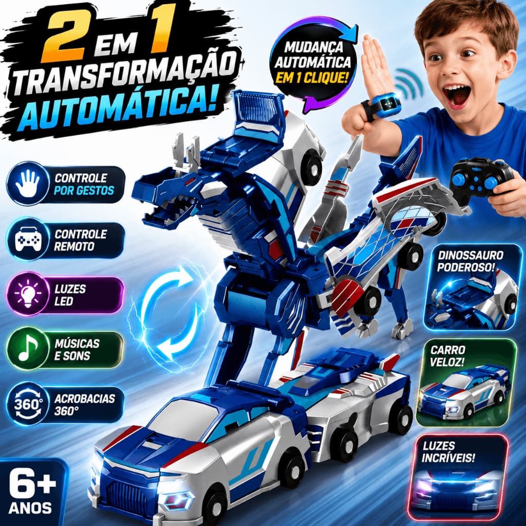Carro Dinossauro 2 em 1 com Transformação Automática e Luzes LED