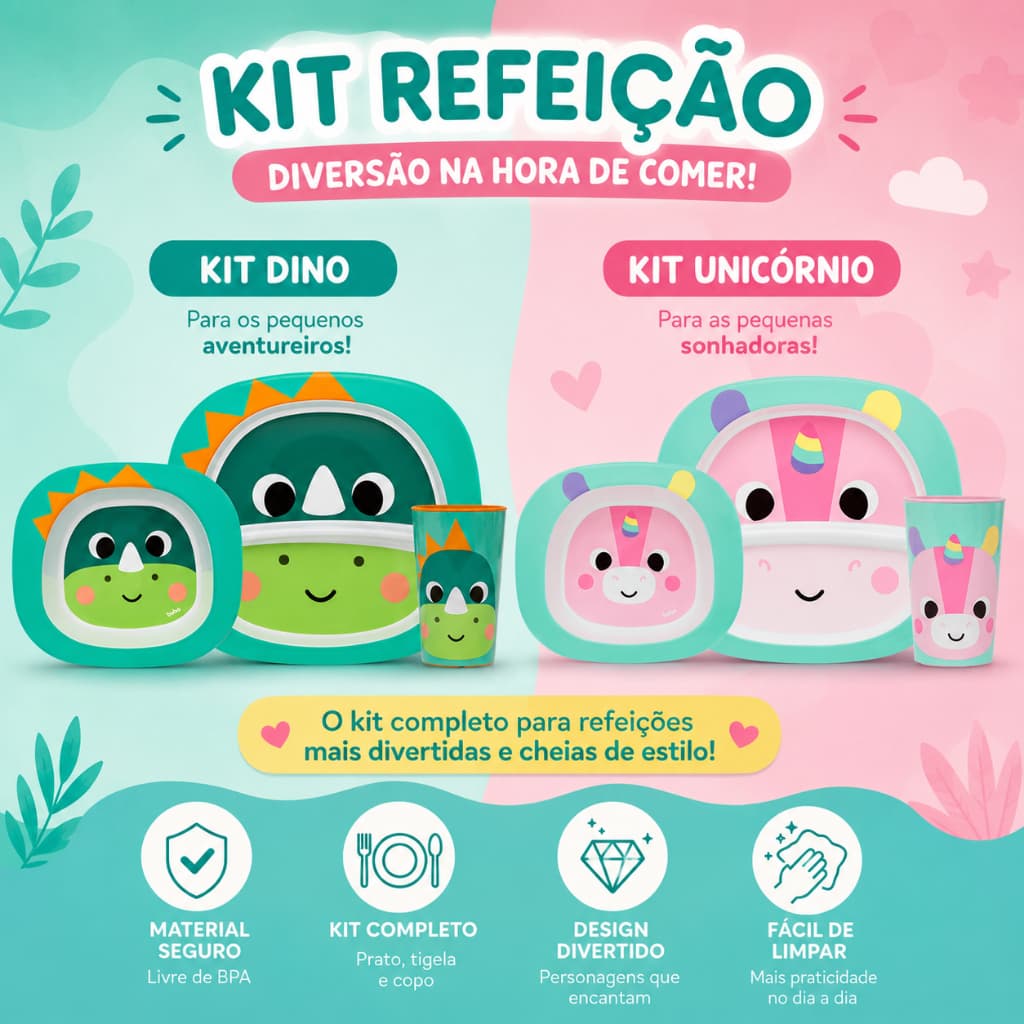 Kit Prato + Bowl + Copo Infantil Personagens Buba BPA Free Dino e Unicórnio